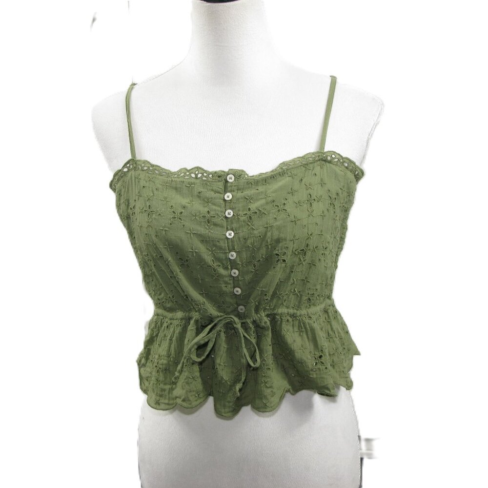 Aerie Green Eyelet Partial Button Front Cropped Tie Front Blouse Size Medium
